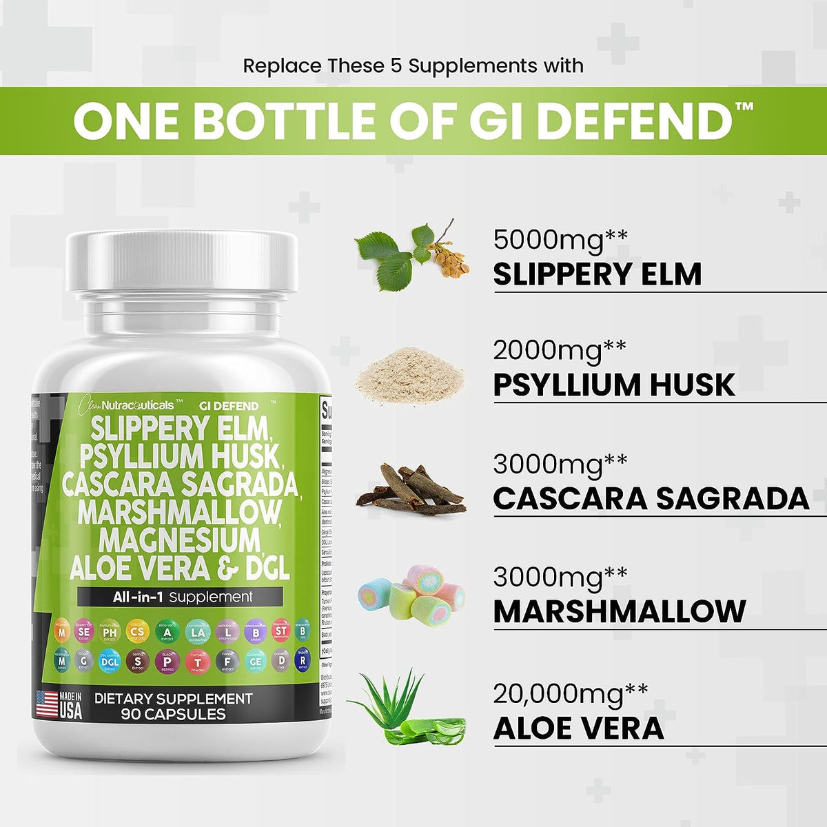 Slippery Elm 5000mg Psyllium Husk 2000mg Pre Probiotic Digestive Gut H