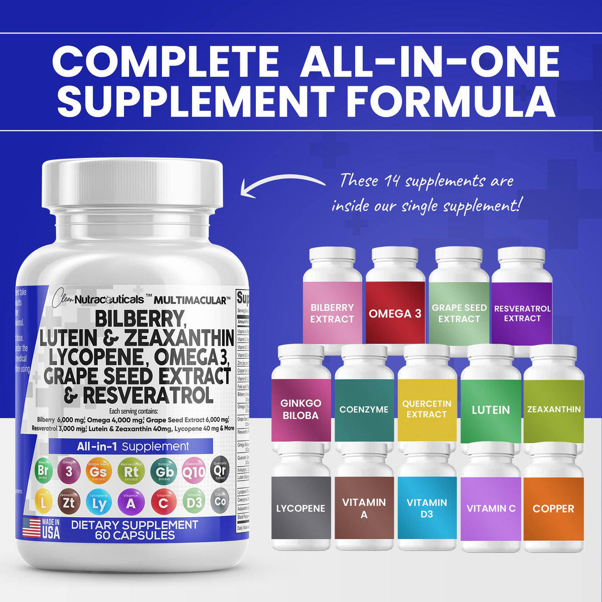 Eye Health Vitamins with Bilberry 6000mg Lutein & Zeaxanthin 40mg Lyco