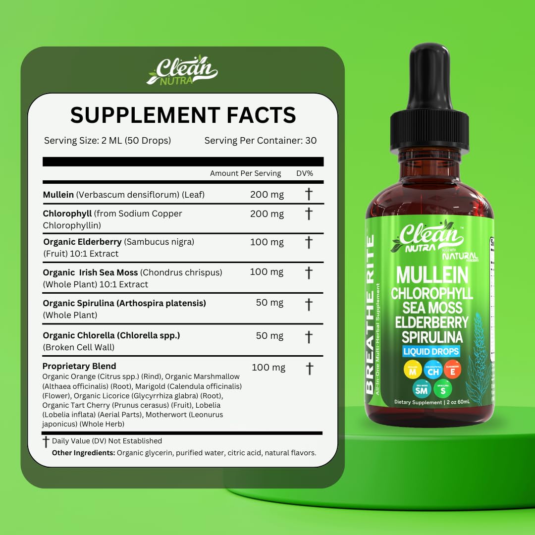 Organic Mullein Liquid Drops With Chlorophyll for Lung Detox Plus Irish Sea Moss, Spirulina, Licorice, Tart Cherry, Lobelia, Motherwort, And Elderberry For Men Women Health Supplement Vitamin