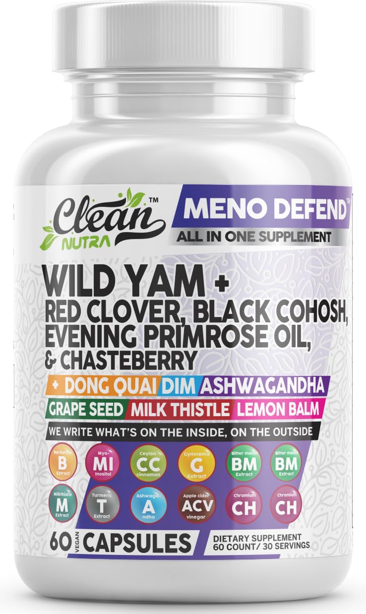 Clean Nutra Wild Yam Root Capsules with Red Clover Black Cohosh Evening Primrose Oil Chasteberry Dong Quai DIM Ashwagandha Grape Seed Extract Milk Thistle Lemon Balm and more Hormone Balance For Women