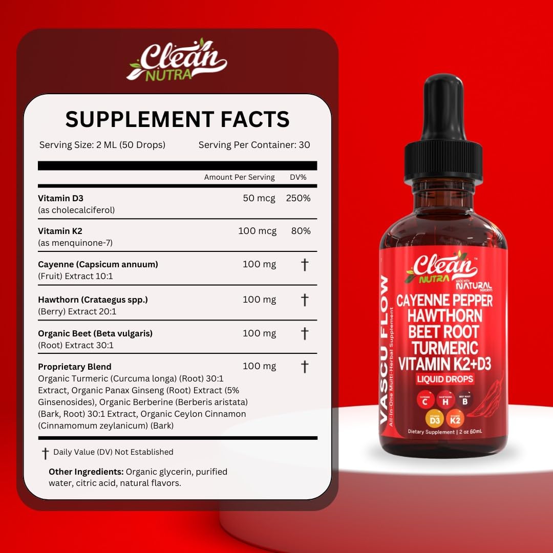 Cayenne Pepper Supplement Liquid Drops + Hawthorn Berry, Vitamin D3 K2 Beet Root Powder, Ceylon Cinnamon, Turmeric Curcumin, Organic Panax Ginseng, Berberine Extract VIT D K by Clean Nutra -