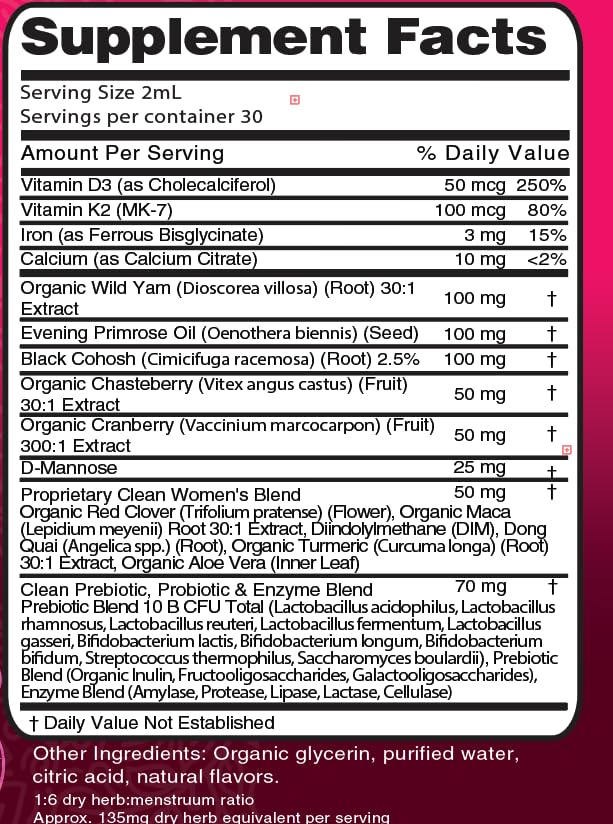 Liquid Probiotics for Women Drops with Chasteberry, Black Cohosh, Prebiotics, Digestive Enzymes, Evening Primrose Oil, Wild Yam, Cranberry Dmannose and Iron Vitamin D3 K2 Clean Nutra Bella Biotics