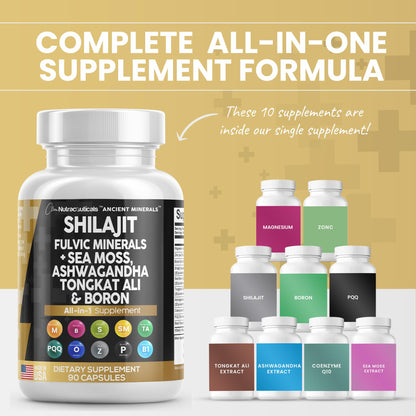 Clean Nutraceuticals Shilajit Supplement 10,000mg with Sea Moss 6000mg, Ashwagandha 6000mg, Tongkat Ali, Boron, Magnesium - Fulvic Acid Capsules for Men - 90 Count