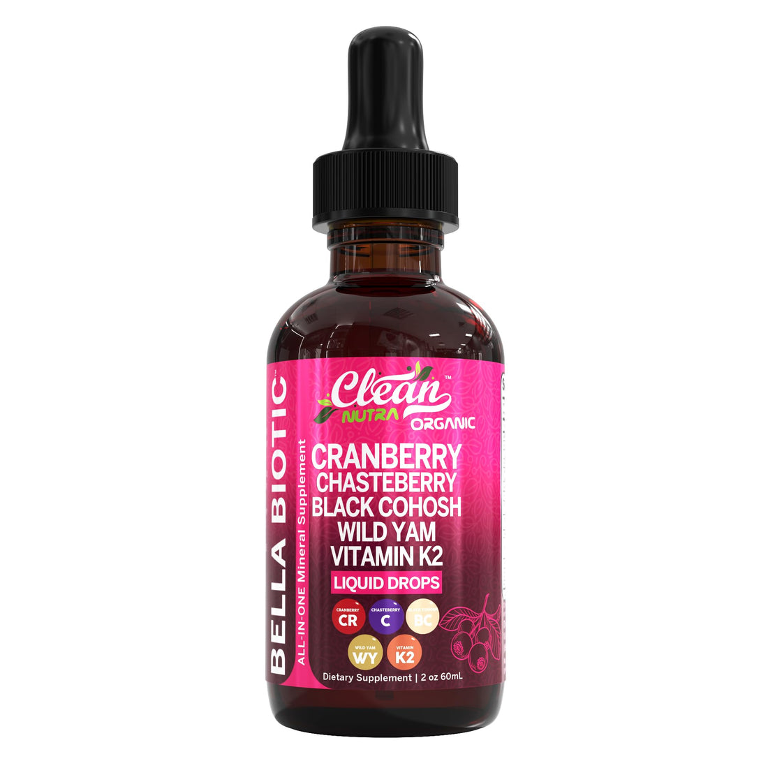 Liquid Probiotics for Women Drops with Chasteberry, Black Cohosh, Prebiotics, Digestive Enzymes, Evening Primrose Oil, Wild Yam, Cranberry Dmannose and Iron Vitamin D3 K2 Clean Nutra Bella Biotics