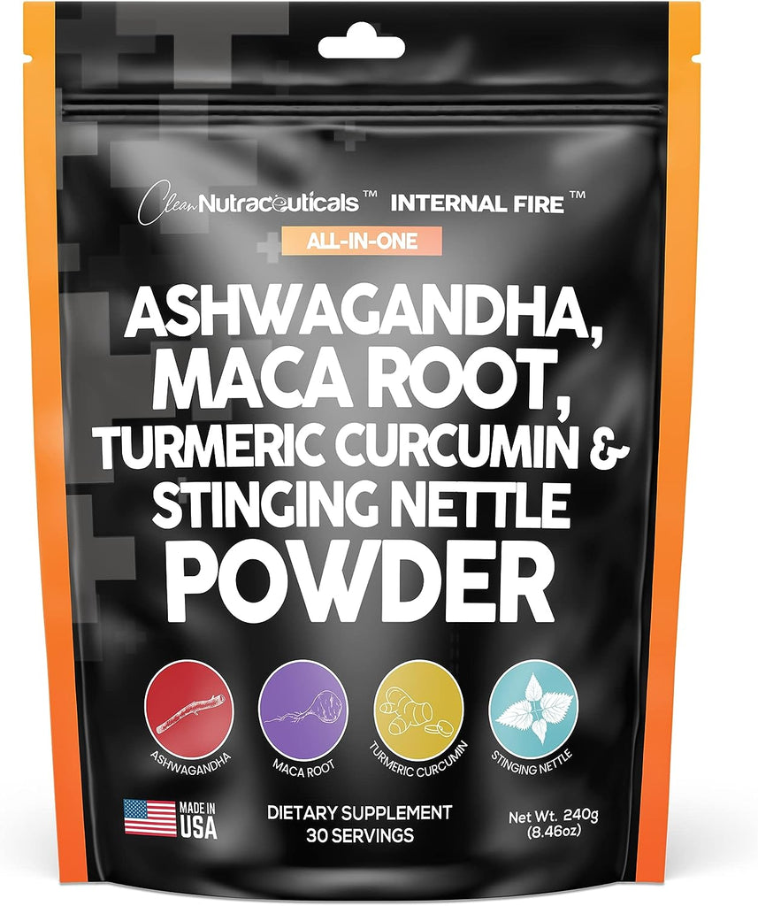 4in1 Ashwagandha Maca Root Powder Supplement with Turmeric Stinging Nettle Leaf Made in USA - Ashwagandha Powder for Health Smoothies & Cooking - Quality Maca Powder - Alt to Pills Capsules Tablets
