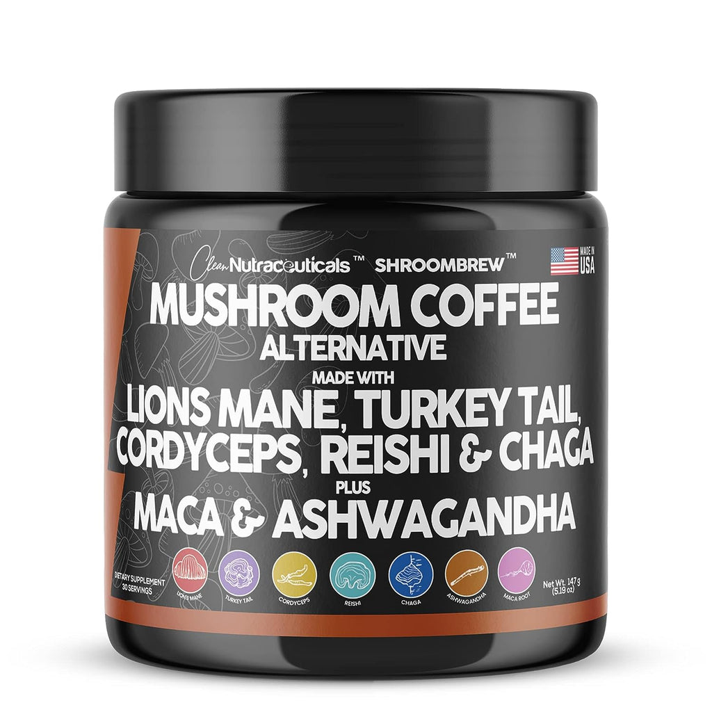 Mushroom Coffee Alternative Mix - Maca Coffee with Lions Mane Mushroom, Cordyceps and Ashwagandha - Cacao Based with Maca Root, Turkey Tail, Chaga and Reishi Mushroom - Instant Coffee Powder USA Made
