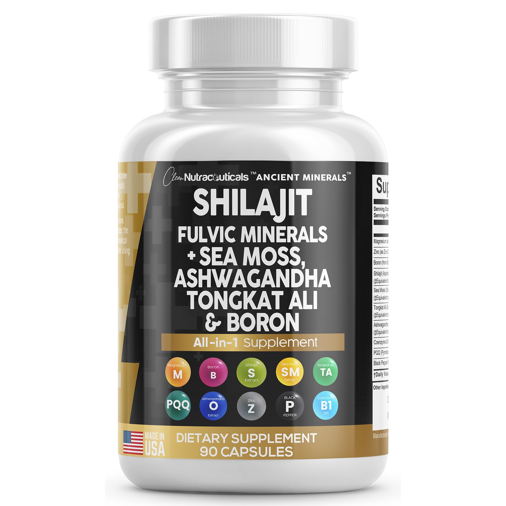 Clean Nutraceuticals Shilajit Supplement 10,000mg with Sea Moss 6000mg, Ashwagandha 6000mg, Tongkat Ali, Boron, Magnesium - Fulvic Acid Capsules for Men - 90 Count