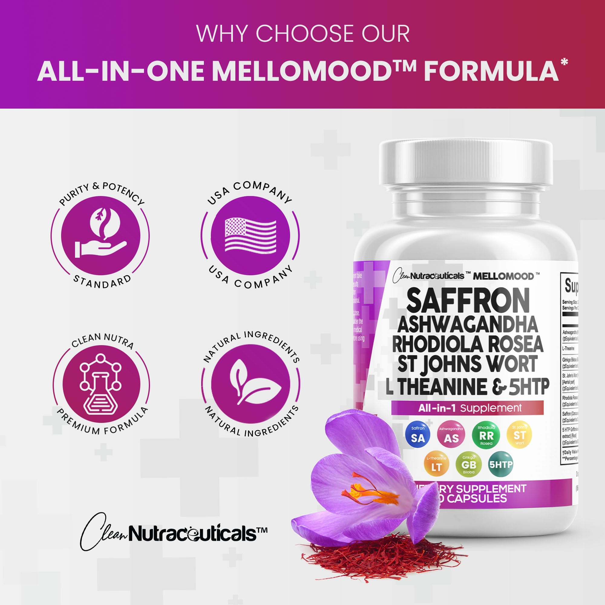 Clean Saffron Supplements with Ashwagandha 8000mg - Mood Support with L-Theanine 200mg, Ginkgo Biloba 6000mg, St. John&