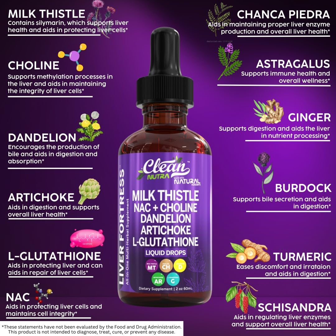 Milk Thistle NAC Liver Cleanse Detox &amp; Repair Supplement Liver Support Liquid Drops with Dandelion Extract, Artichoke, Chanca Piedra, Beet Root, Choline, L-Glutathione, Ginger, Burdock, Schisandra