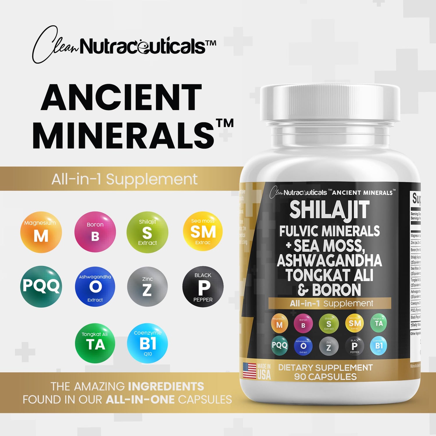 Clean Nutraceuticals Shilajit Supplement 10,000mg with Sea Moss 6000mg, Ashwagandha 6000mg, Tongkat Ali, Boron, Magnesium - Fulvic Acid Capsules for Men - 90 Count