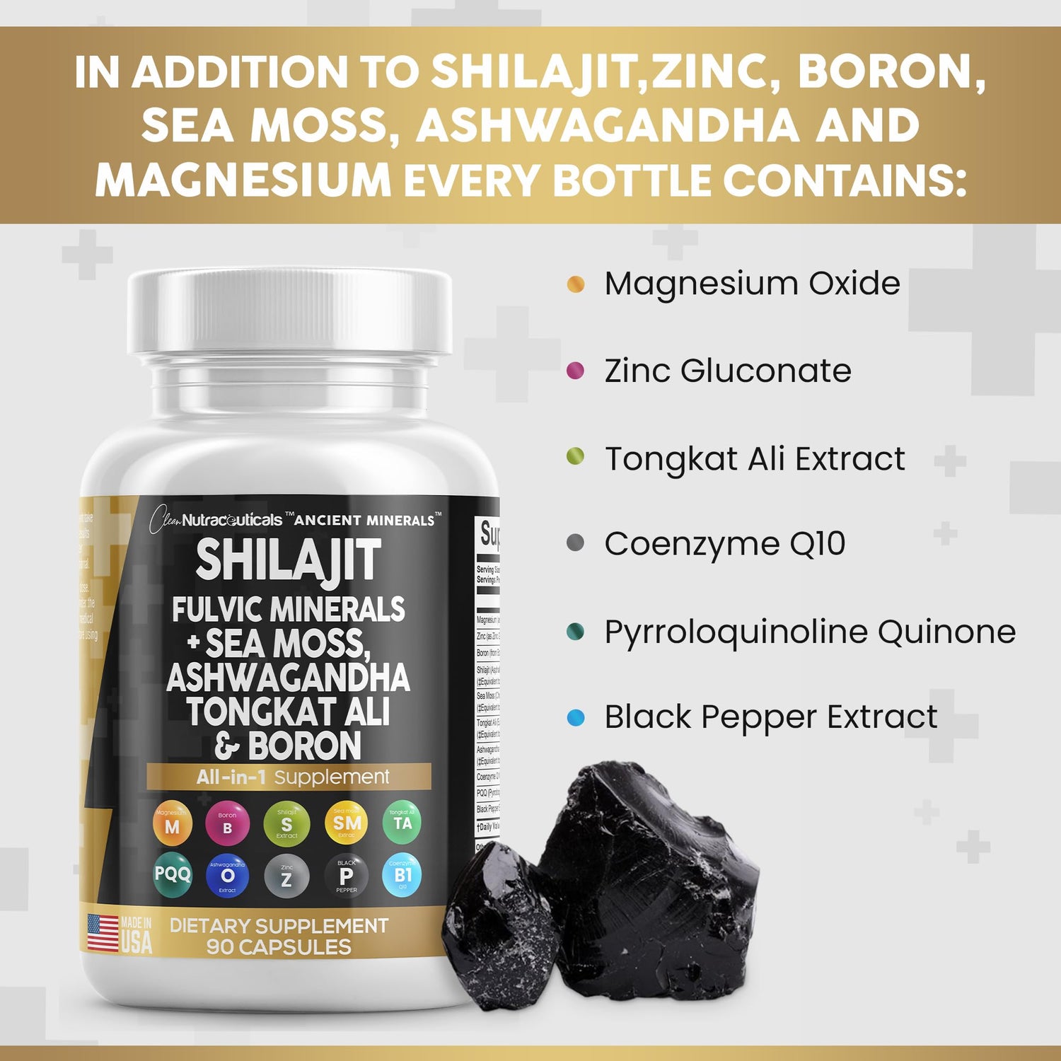 Clean Nutraceuticals Shilajit Supplement 10,000mg with Sea Moss 6000mg, Ashwagandha 6000mg, Tongkat Ali, Boron, Magnesium - Fulvic Acid Capsules for Men - 90 Count