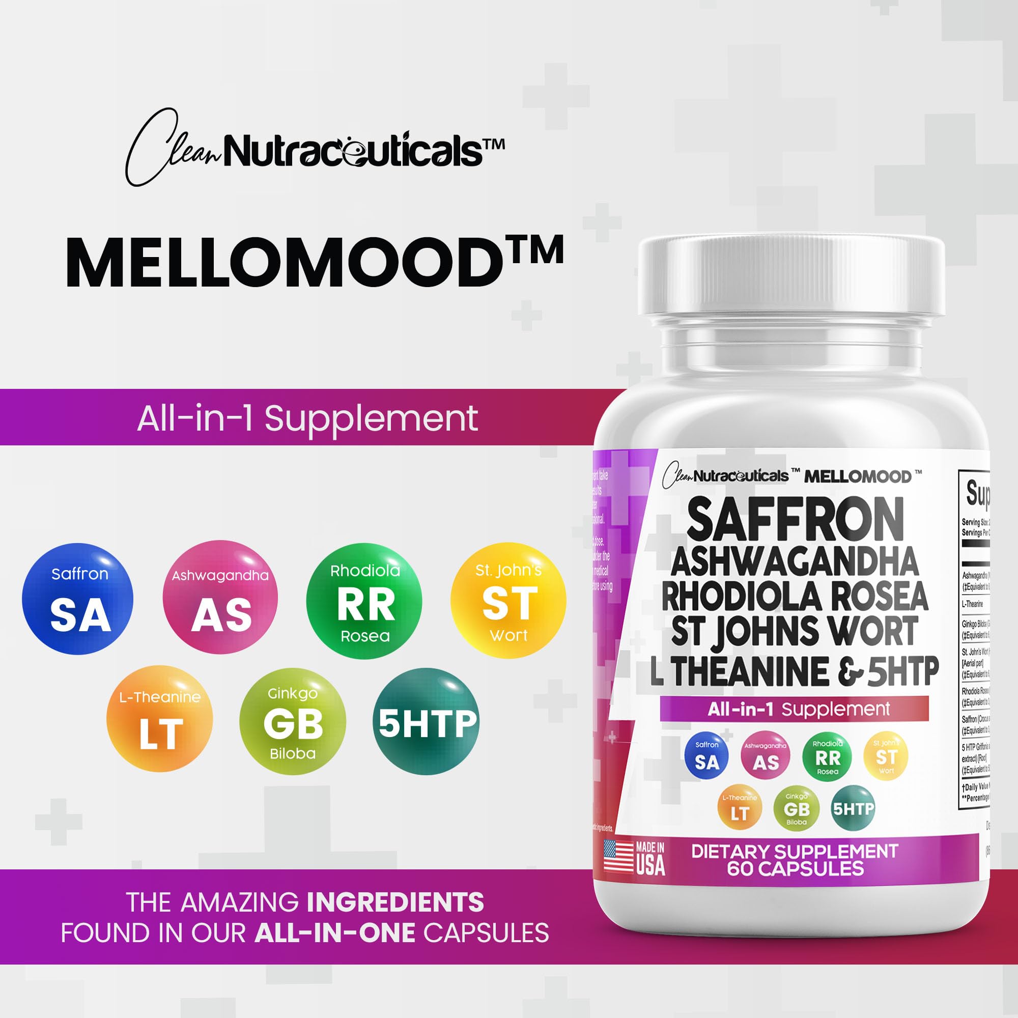 Clean Saffron Supplements with Ashwagandha 8000mg - Mood Support with L-Theanine 200mg, Ginkgo Biloba 6000mg, St. John&