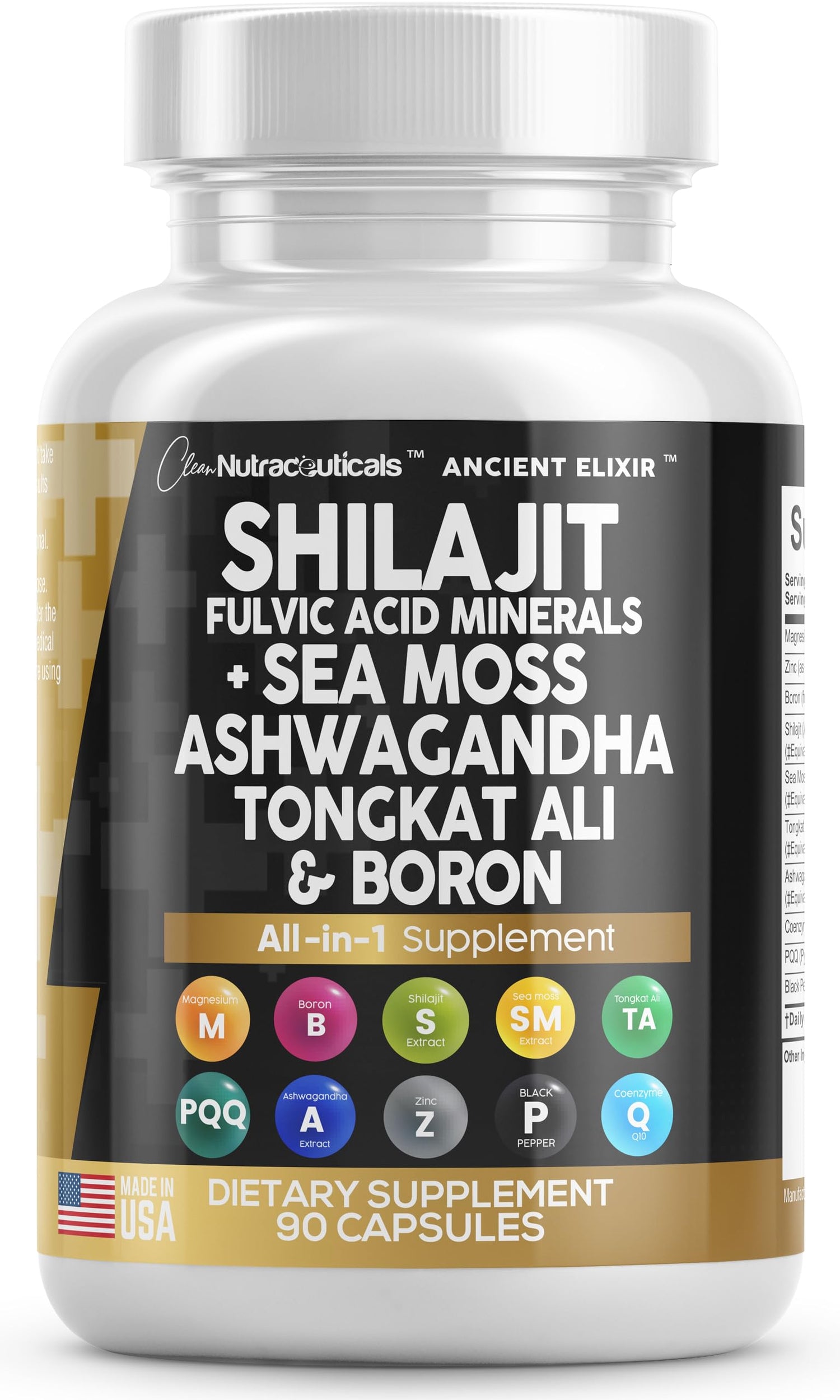 Clean Nutraceuticals Shilajit Supplement 10,000mg with Sea Moss 6000mg, Ashwagandha 6000mg, Tongkat Ali, Boron, Magnesium - Fulvic Acid Capsules for Men - 90 Count