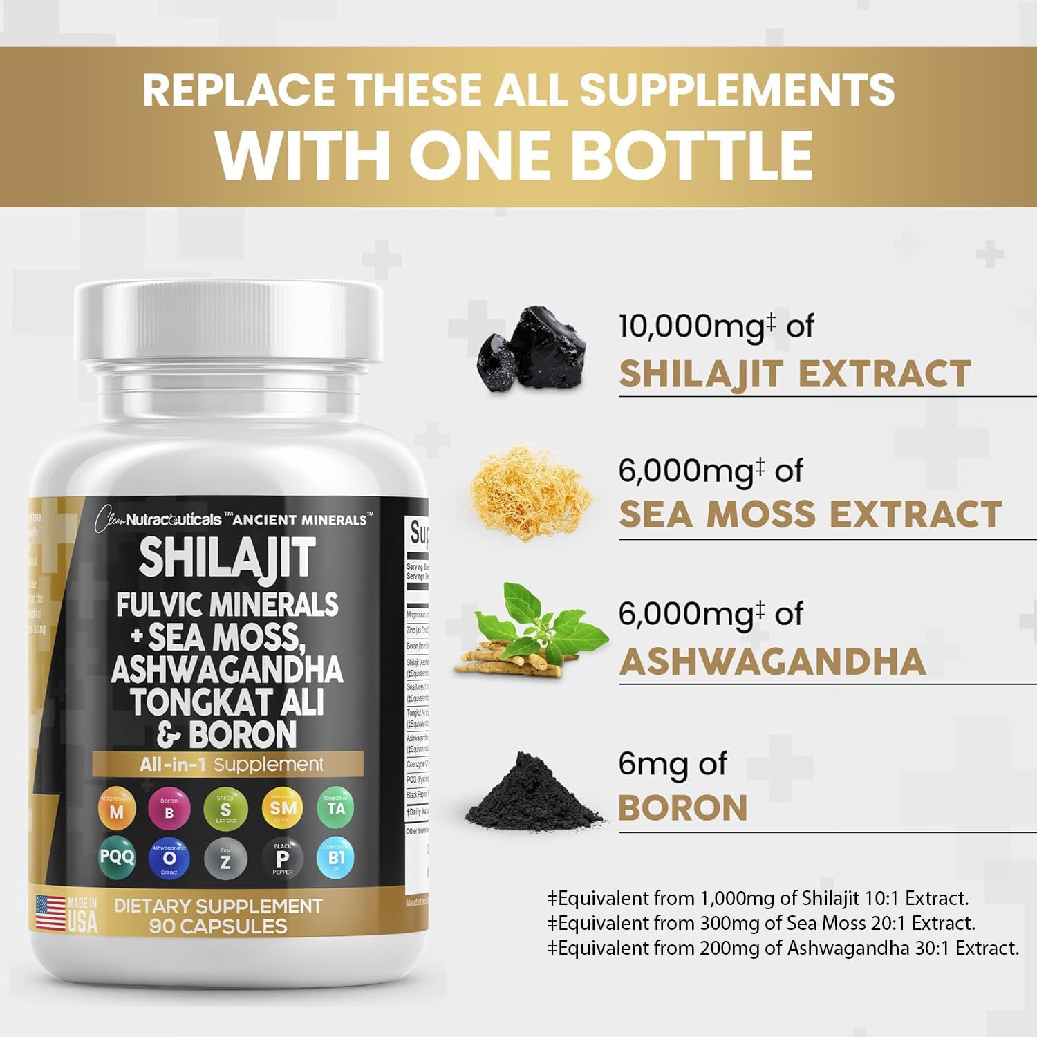 Clean Nutraceuticals Shilajit Supplement 10,000mg with Sea Moss 6000mg, Ashwagandha 6000mg, Tongkat Ali, Boron, Magnesium - Fulvic Acid Capsules for Men - 90 Count