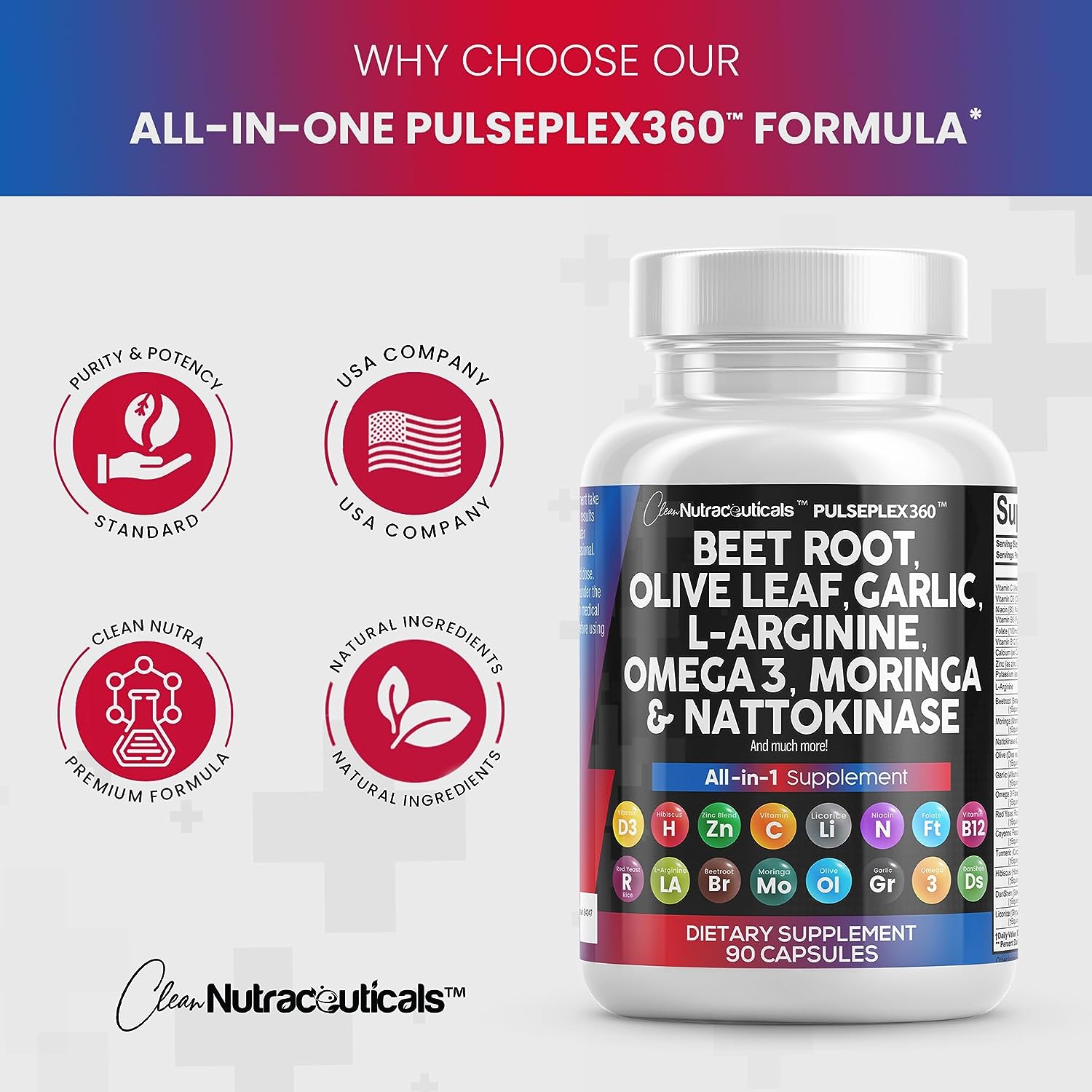 Beet Root Capsules 6000mg Olive Leaf 6000mg Nattokinase 4000 FU Garlic Extract 2000mg L-Arginine 400mg Omega 3 Red Yeast Rice Hibiscus Danshen - Healthy Support Supplement - USA Made