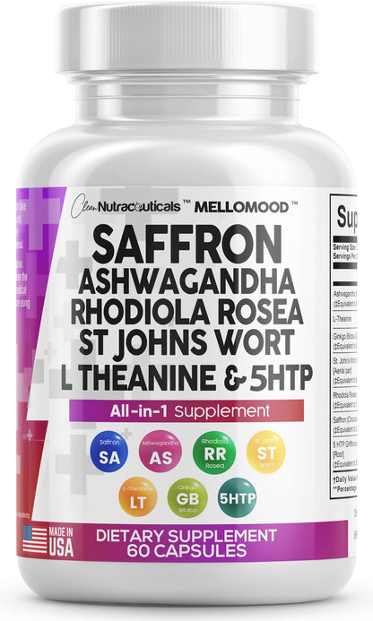 Clean Saffron Supplements with Ashwagandha 8000mg - Mood Support with L-Theanine 200mg, Ginkgo Biloba 6000mg, St. John&