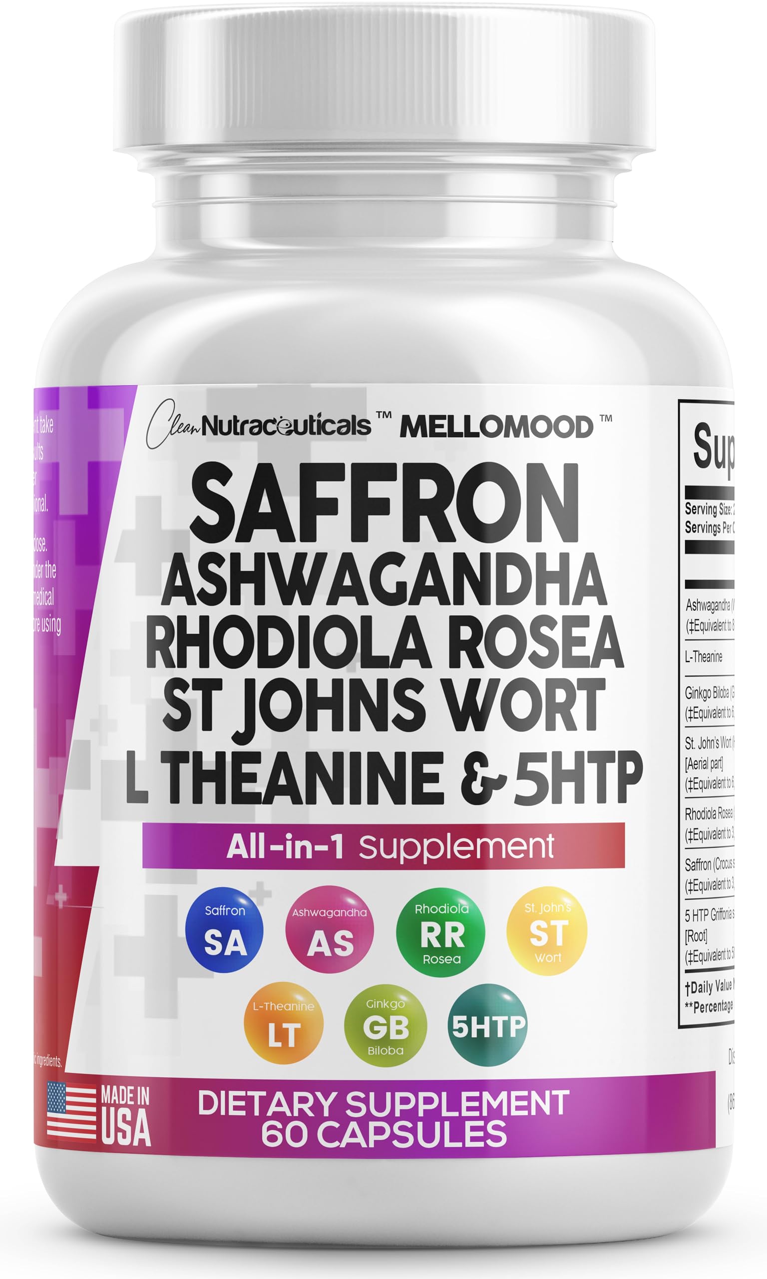 Clean Saffron Supplements with Ashwagandha 8000mg - Mood Support with L-Theanine 200mg, Ginkgo Biloba 6000mg, St. John&