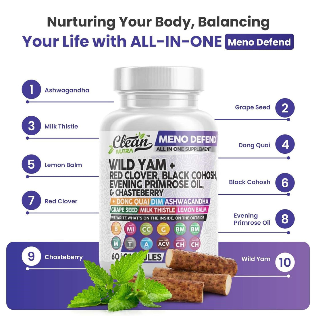 Clean Nutra Wild Yam Root Capsules with Red Clover Black Cohosh Evening Primrose Oil Chasteberry Dong Quai DIM Ashwagandha Grape Seed Extract Milk Thistle Lemon Balm and more Hormone Balance For Women