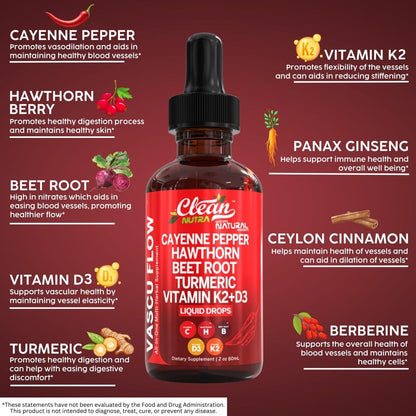 Cayenne Pepper Supplement Liquid Drops + Hawthorn Berry, Vitamin D3 K2 Beet Root Powder, Ceylon Cinnamon, Turmeric Curcumin, Organic Panax Ginseng, Berberine Extract VIT D K by Clean Nutra -