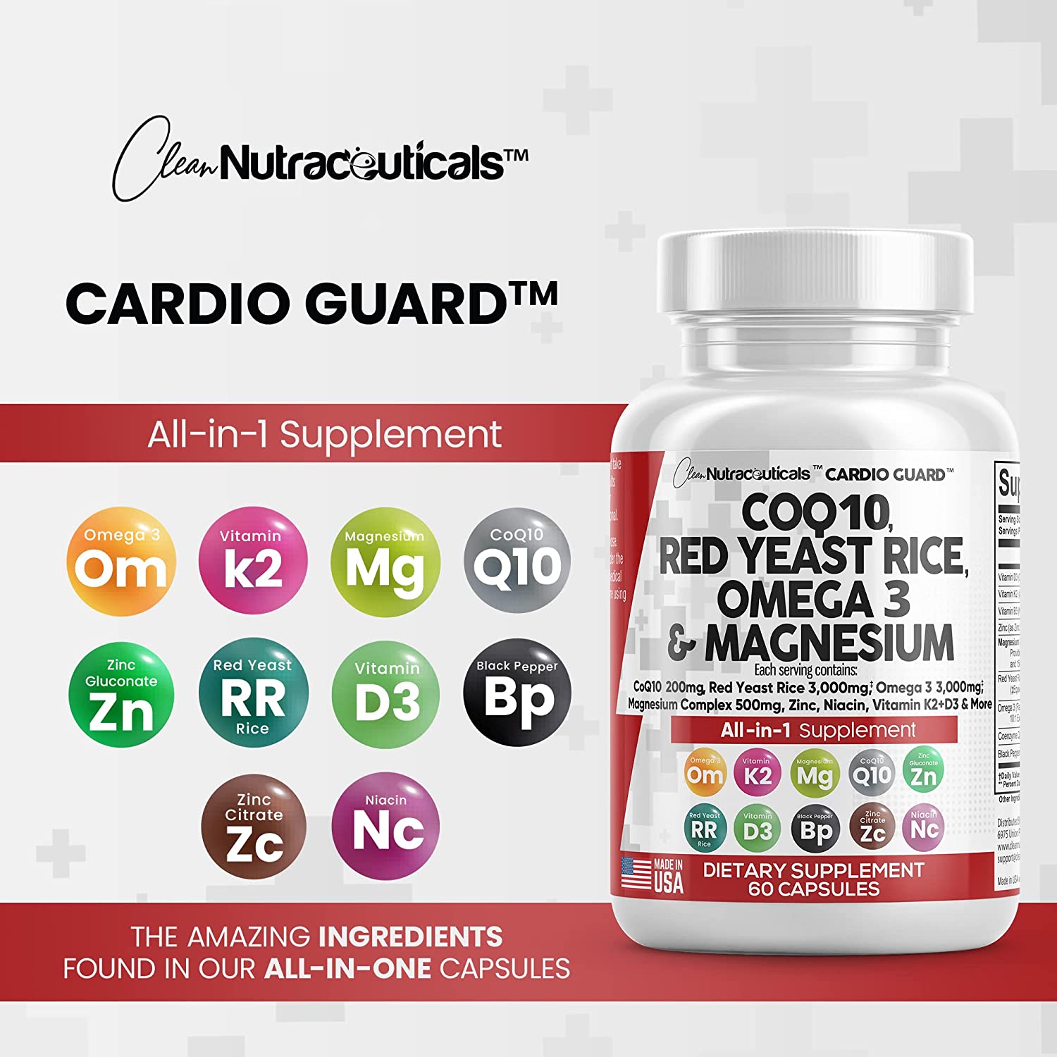 COQ10 200mg Red Yeast Rice 3000mg Omega 3 3000mg Magnesium Complex 500mg Niacin Zinc Vitamin K2 D3 - Heart Health Support Vitamins for Women and Men with Vitamin B3, Coenzyme Q10 - Made in USA 60 Caps
