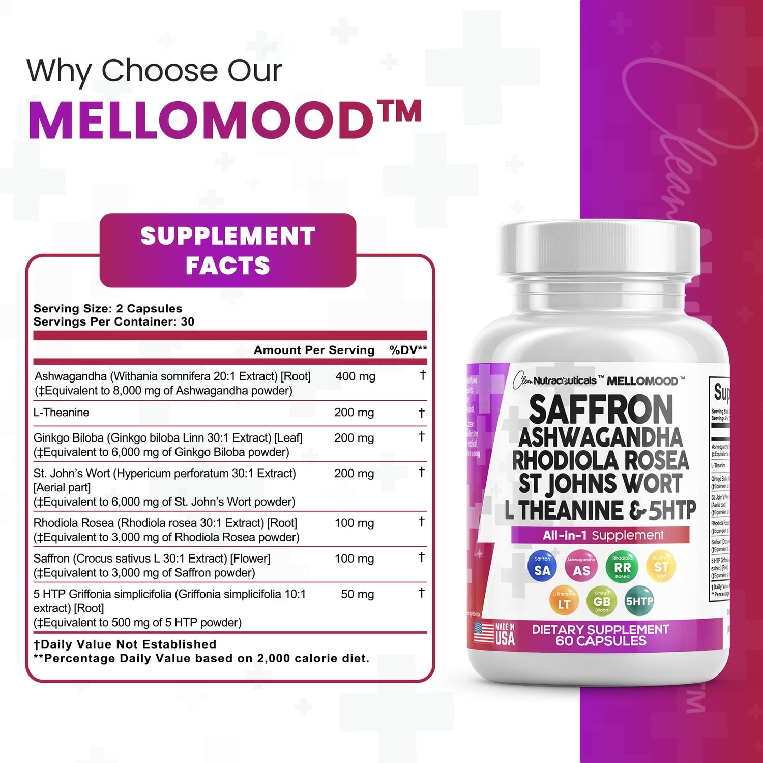 Clean Saffron Supplements with Ashwagandha 8000mg - Mood Support with L-Theanine 200mg, Ginkgo Biloba 6000mg, St. John&