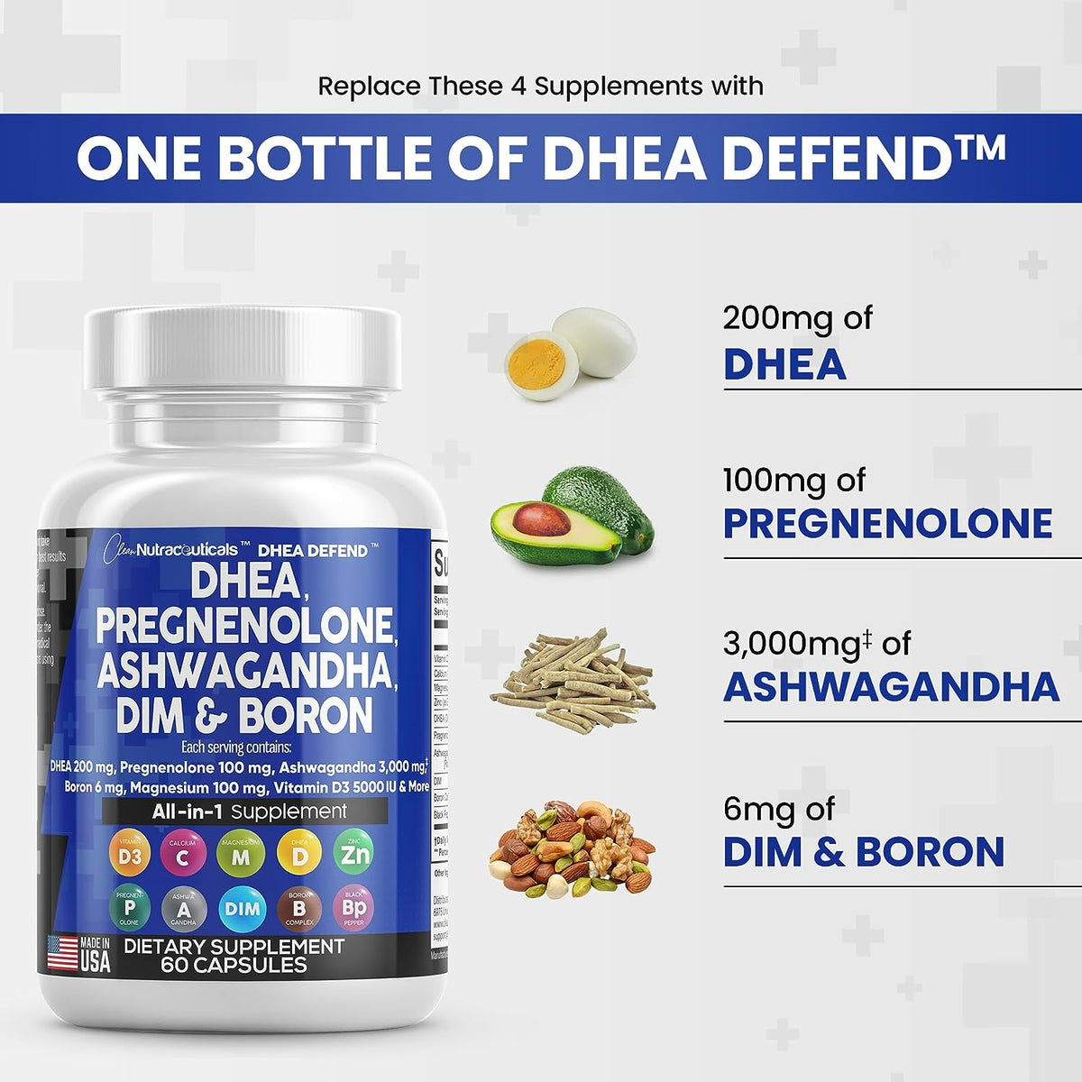 DHEA 200mg Supplement Pregnenolone 100mg for Men & Women with DIM Ashw