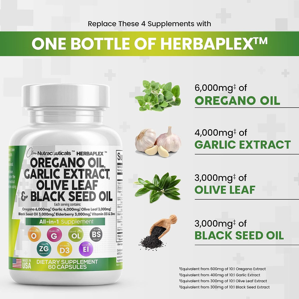 Oregano Oil 6000mg Garlic Extract 4000mg Olive Leaf 3000mg Black Seed