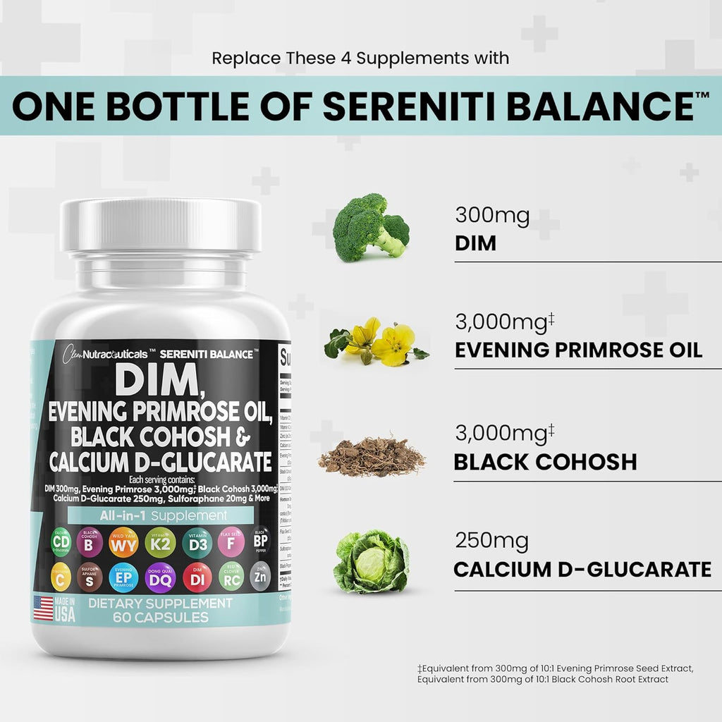 DIM 300mg Evening Primrose 3000mg Black Cohosh 3000mg Calcium DGlucar