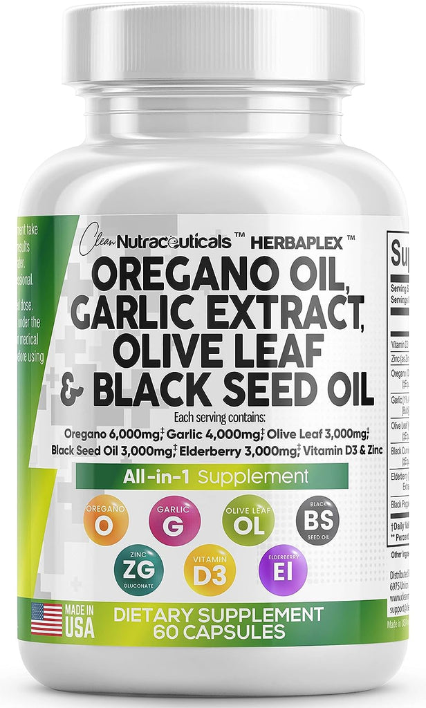 Oregano Oil 6000mg Garlic Extract 4000mg Olive Leaf 3000mg Black Seed Oil 3000mg - Immune Support & Digestive Health Supplement for Women and Men with Vitamin D3 and Zinc - Made in USA 60 Caps
