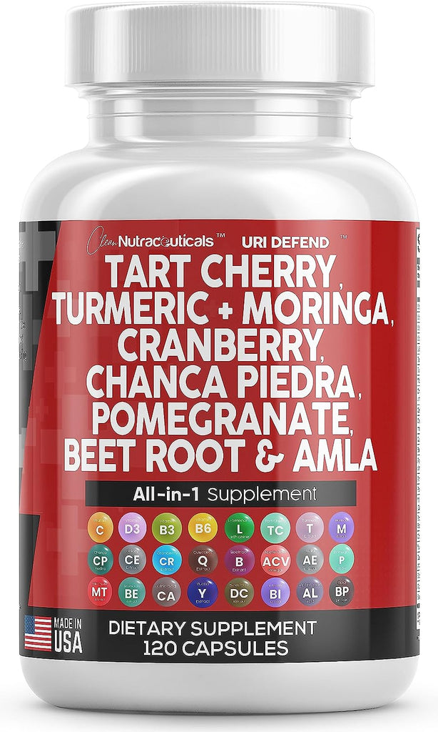 Tart Cherry Extract Capsules 20,000mg with Turmeric 8000mg Moringa 4000mg Cranberry 2000mg Chanca Piedra Celery Quercetin Beet Root ACV Pomegranate L Selenomethionine - Uric Levels - 120 Ct USA