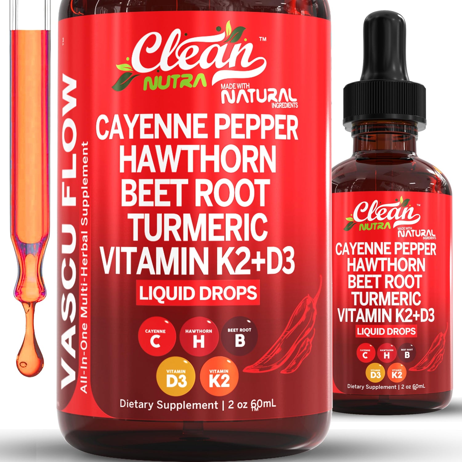 Cayenne Pepper Supplement Liquid Drops + Hawthorn Berry, Vitamin D3 K2 Beet Root Powder, Ceylon Cinnamon, Turmeric Curcumin, Organic Panax Ginseng, Berberine Extract VIT D K by Clean Nutra -