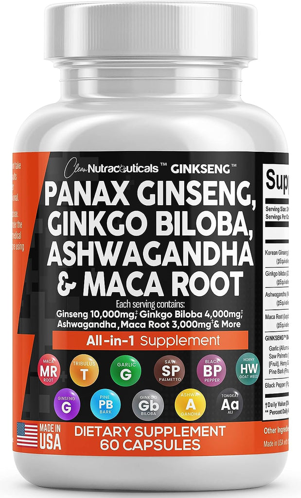 Panax Ginseng 10000mg Ginkgo Biloba 4000mg Ashwagandha Maca Root 3000mg - Focus Supplement Pills for Women and Men with Pine Bark Extract, Garlic, and Saw Palmetto - Made in USA Brain Health 60 Caps