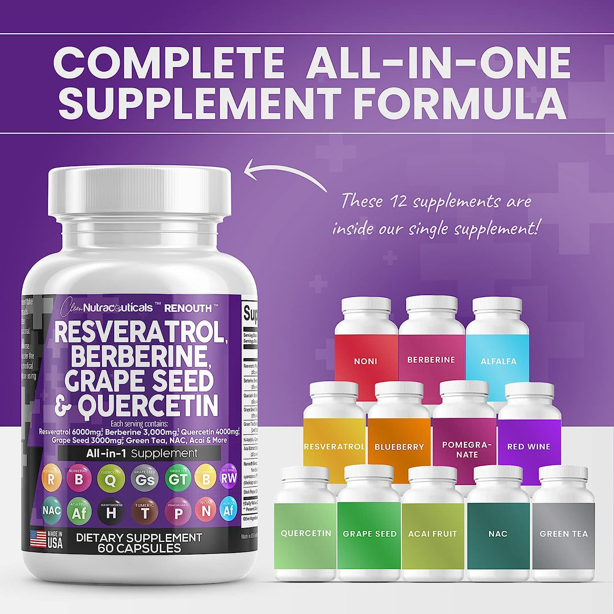 Resveratrol 6000mg Berberine 3000mg Grape Seed Extract 3000mg Querceti Clean Nutraceuticals