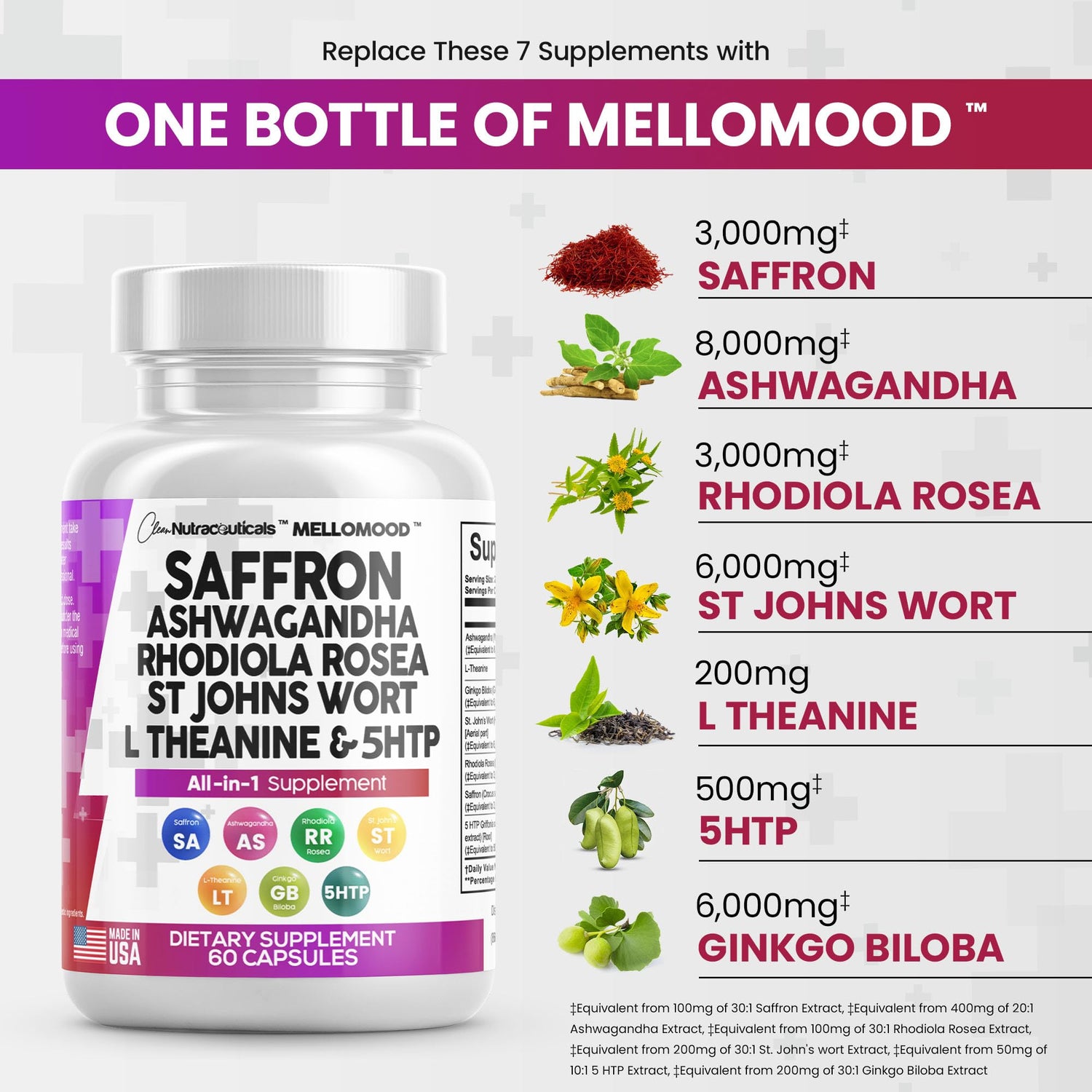 Clean Saffron Supplements with Ashwagandha 8000mg - Mood Support with L-Theanine 200mg, Ginkgo Biloba 6000mg, St. John&