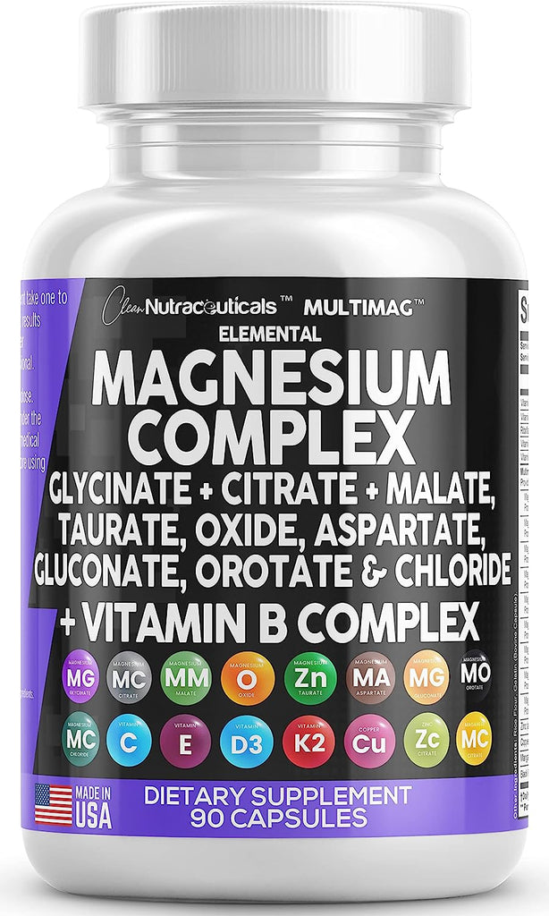 Magnesium Complex 2285mg with Magnesium Glycinate Citrate Malate Oxide Taurate Aspartate Gluconate Orotate & Mag Chloride, Zinc Copper Manganese & Vitamin C B1 B2 B6 B12 Complex - 90 Count Made in USA