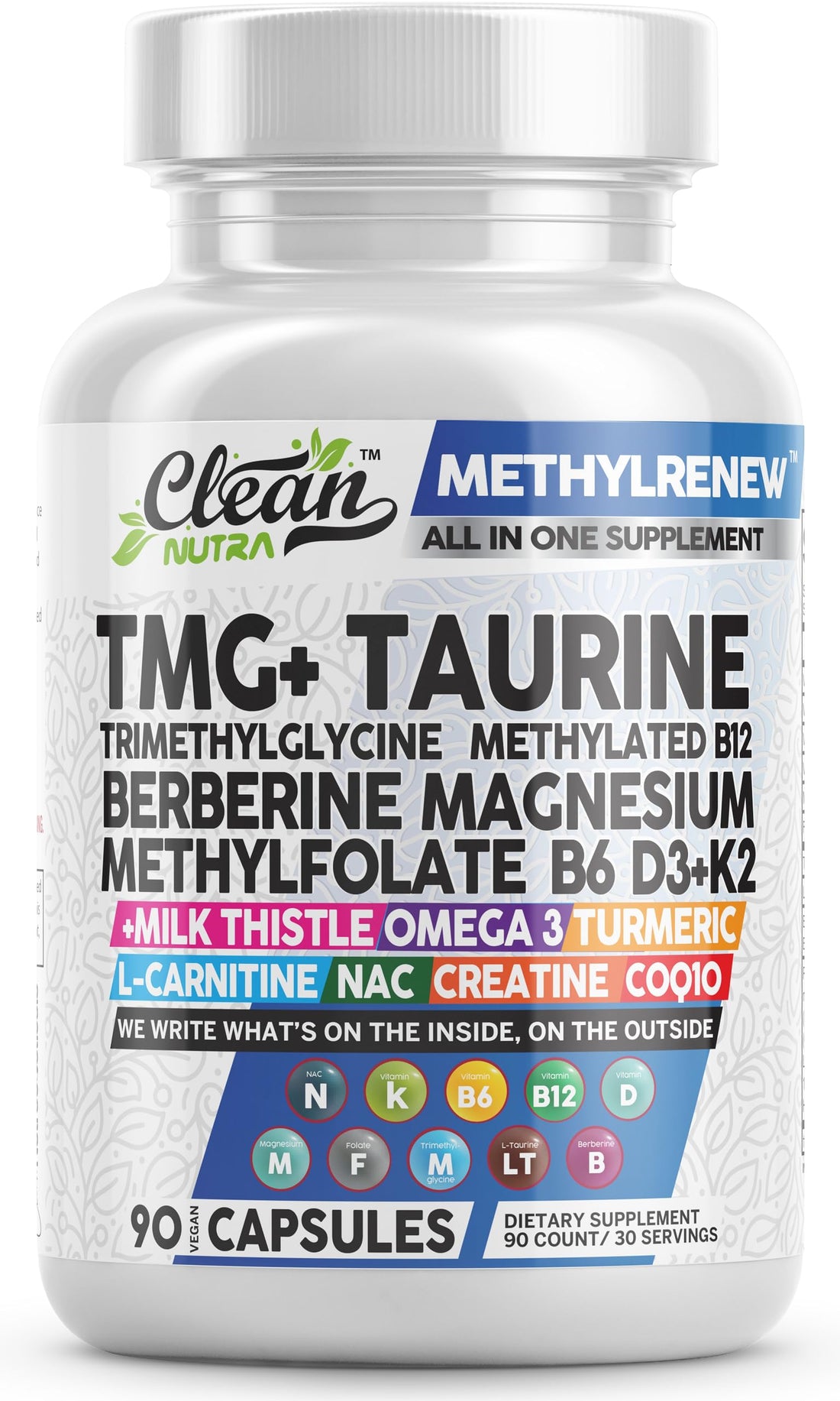 Clean Nutra TMG Taurine Supplement - Methylated Multivitamin with B6 Vitamins, B12, D3 K2, Berberine, Magnesium Methylfolate Milk Thistle Omega 3 Turmeric NAC L Carnitine Creatine COQ10 &amp; More, 90 Ct