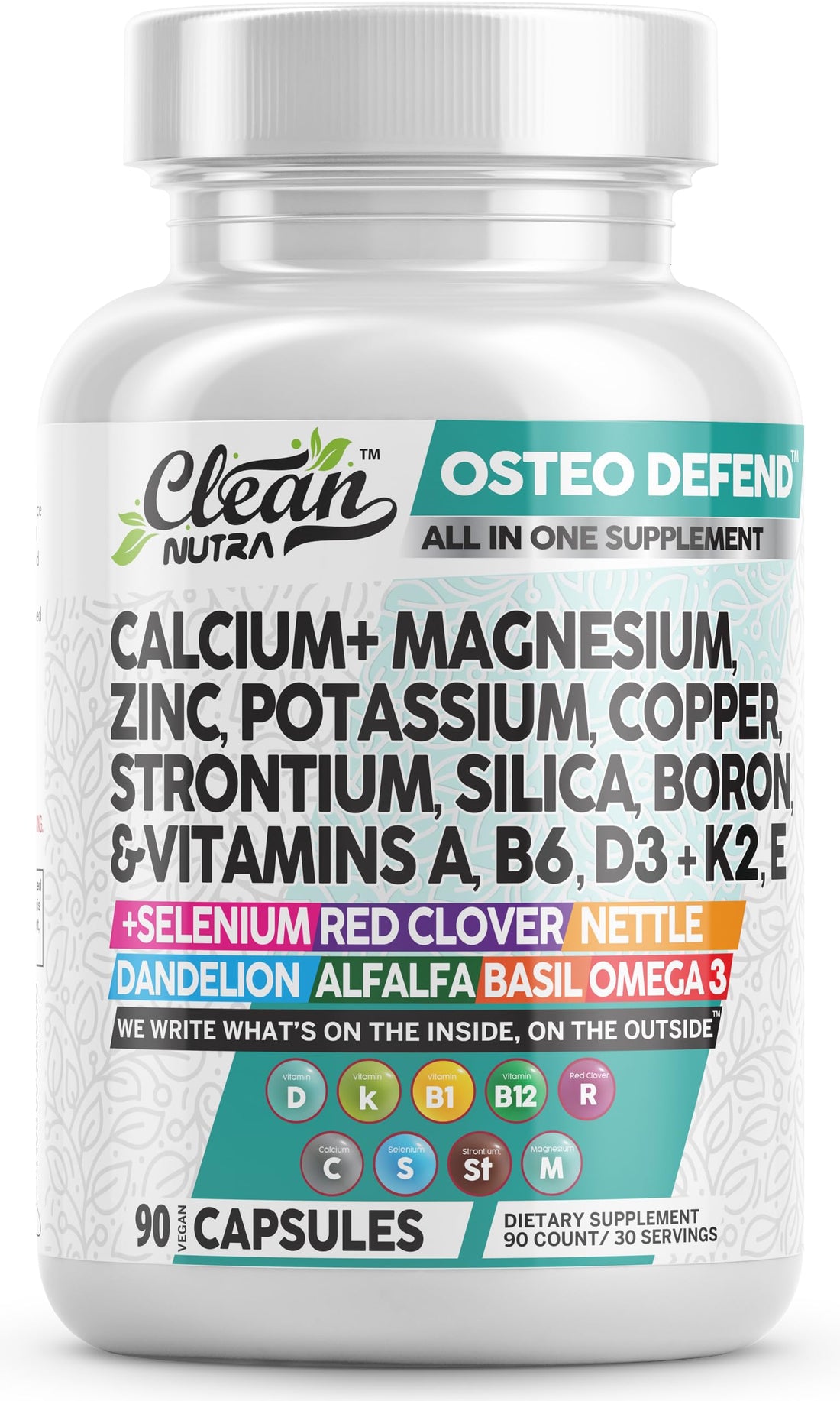 Calcium Magnesium Zinc Supplement with Potassium, Copper, Strontium, Silica, Vitamin D3 K2, Boron, Vitamin B1 B12 Red Clover Herb Alfalfa Basil Pills for Men and Women Clean Nutra Osteo Defend