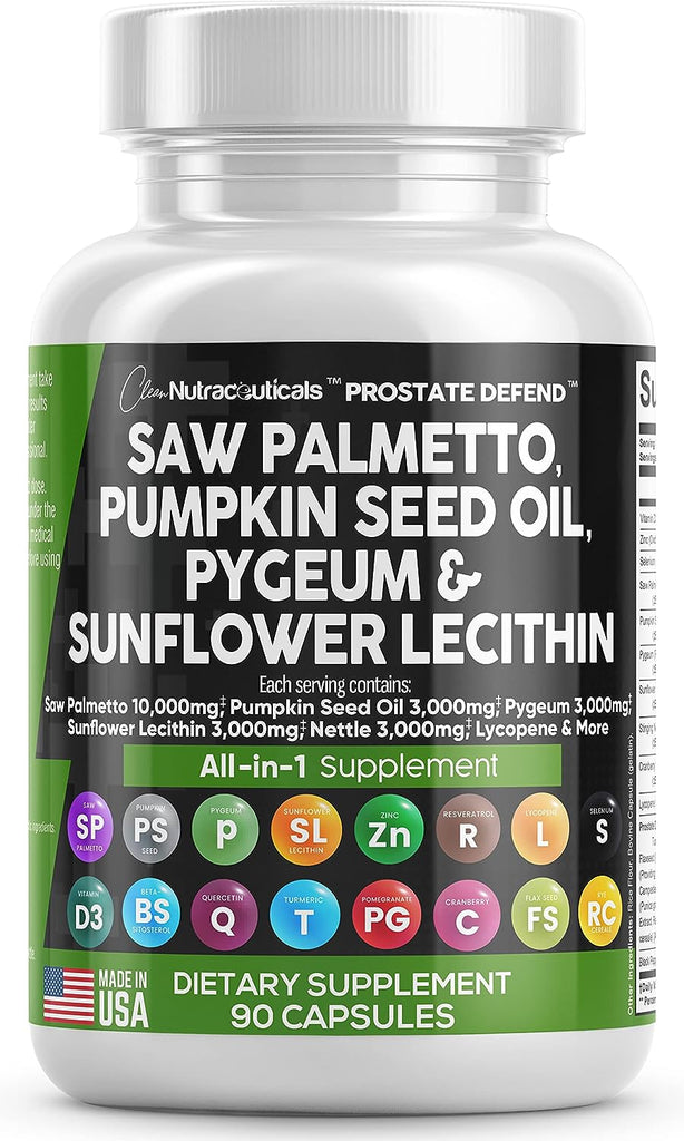 Clean Nutraceuticals Saw Palmetto 10000mg Pumpkin Seed Oil 3000mg Pygeum Sunflower Lecithin Stinging Nettle Cranberry - Prostate Supplements for Men with Lycopene Made in USA 90 Caps
