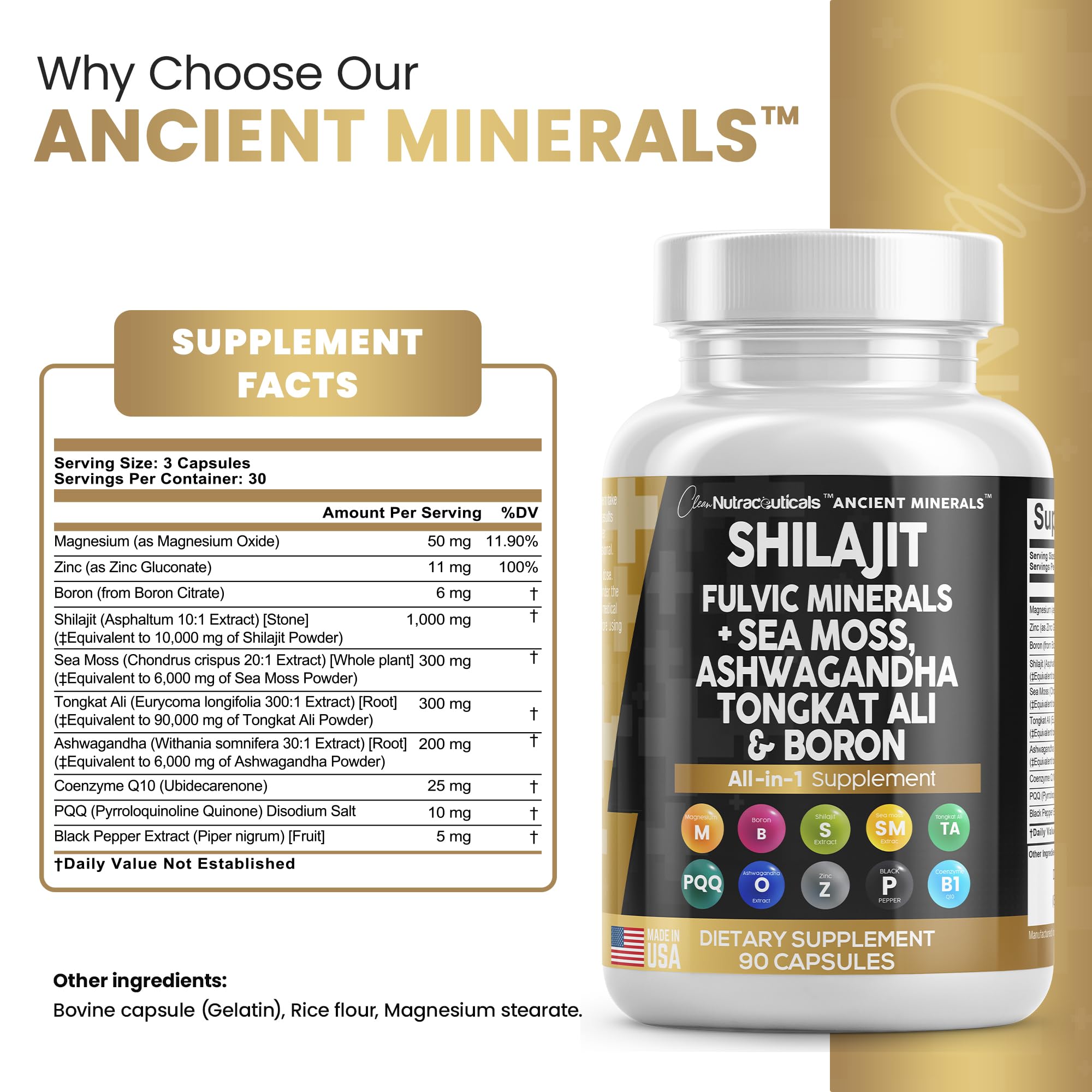 Clean Nutraceuticals Shilajit Supplement 10,000mg with Sea Moss 6000mg, Ashwagandha 6000mg, Tongkat Ali, Boron, Magnesium - Fulvic Acid Capsules for Men - 90 Count