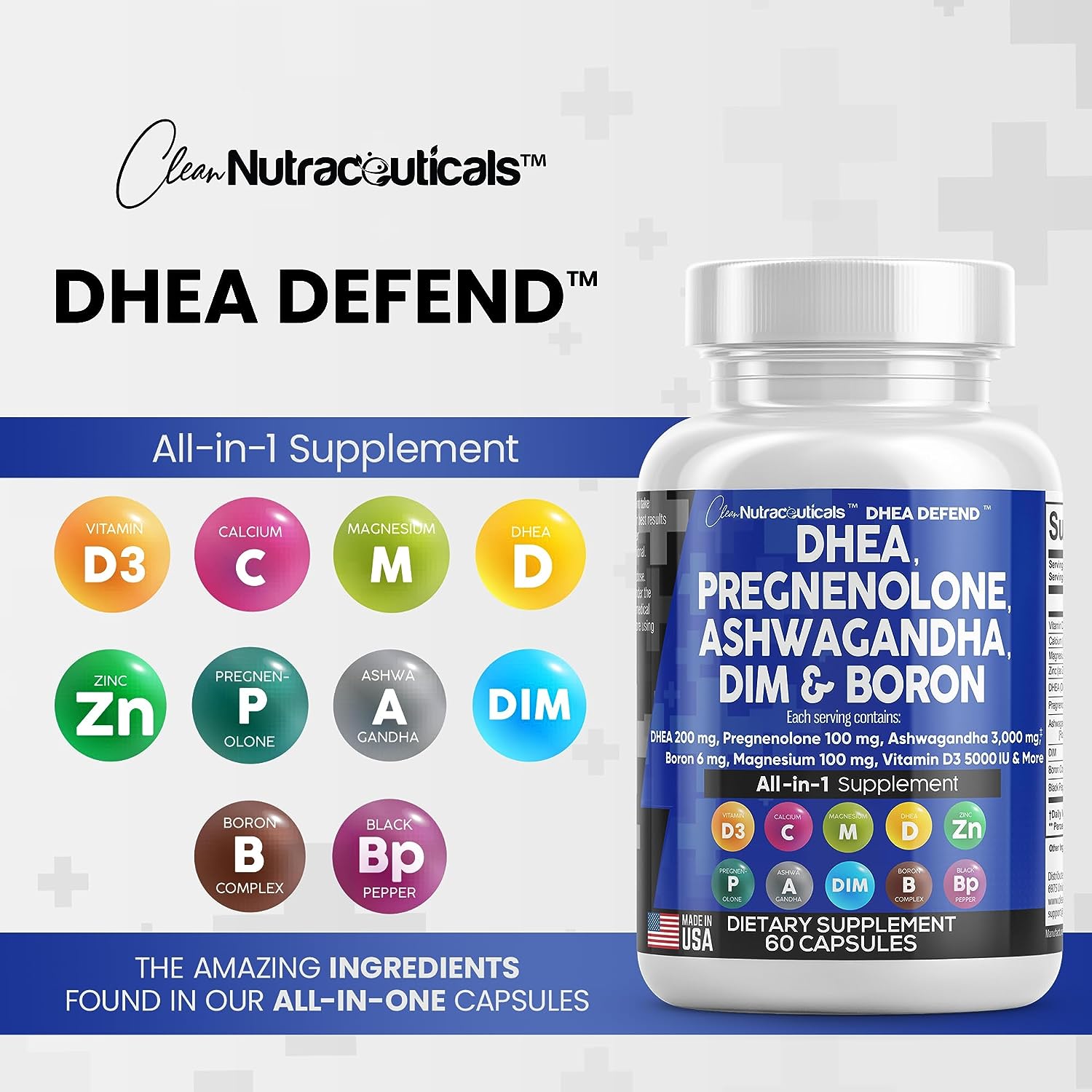DHEA 200mg Supplement Pregnenolone 100mg for Men & Women with DIM Ashw