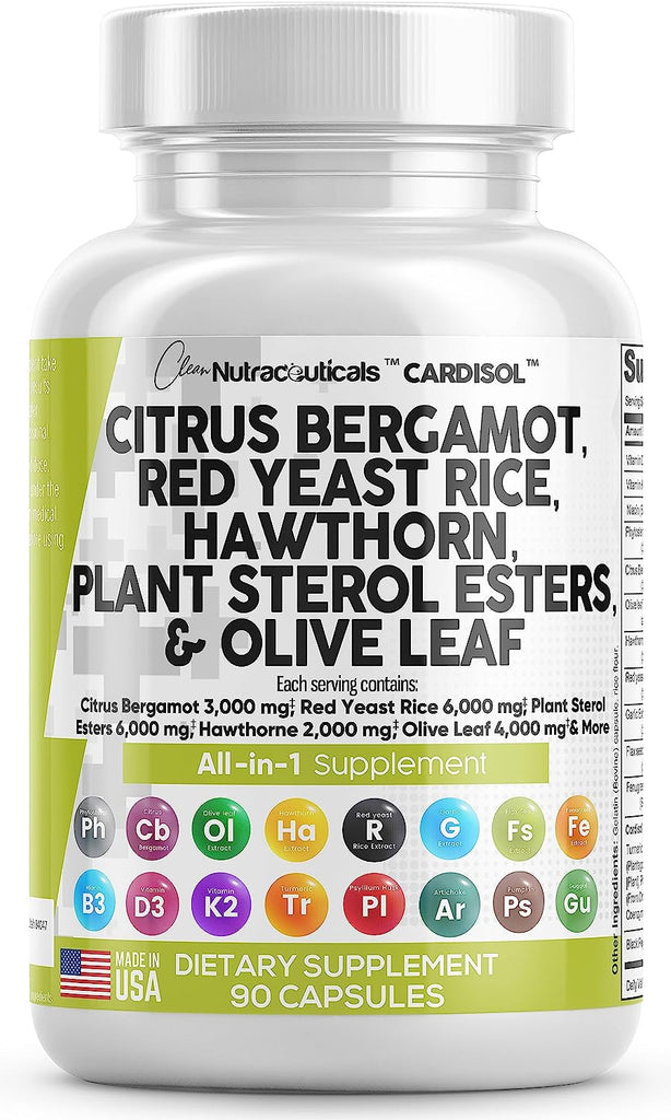 Clean Nutraceuticals Citrus Bergamot 3000mg Red Yeast Rice 6000mg Capsules with Plant Sterols 6000mg - with Hawthorn Extract Olive Leaf Niacin Vitamin K3 D3 COQ10 Guggul & More - USA Made