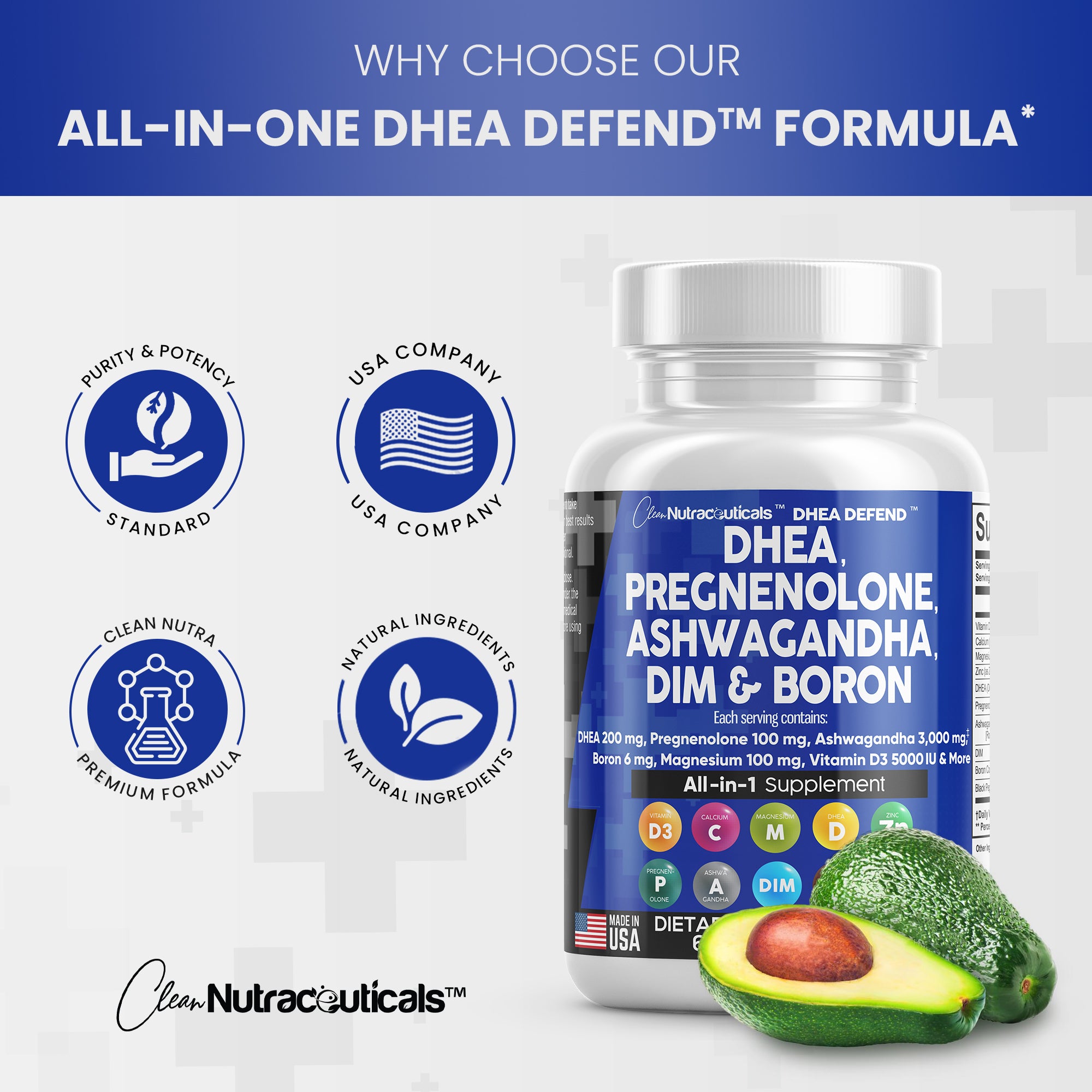 DHEA 200mg Supplement Pregnenolone 100mg for Men & Women with DIM Ashw