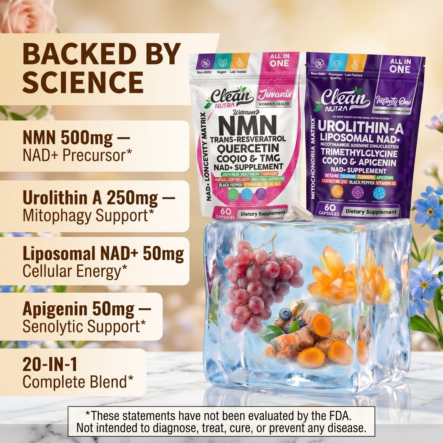 Backed by Science — NMN 500mg, Urolithin A 250mg, Liposomal NAD+ 50mg, Apigenin 50mg
