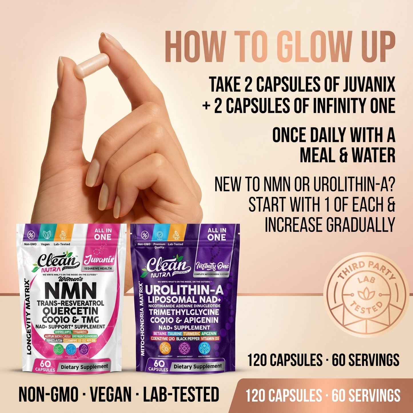 How To Glow Up — directions, 120 capsules / 60 servings