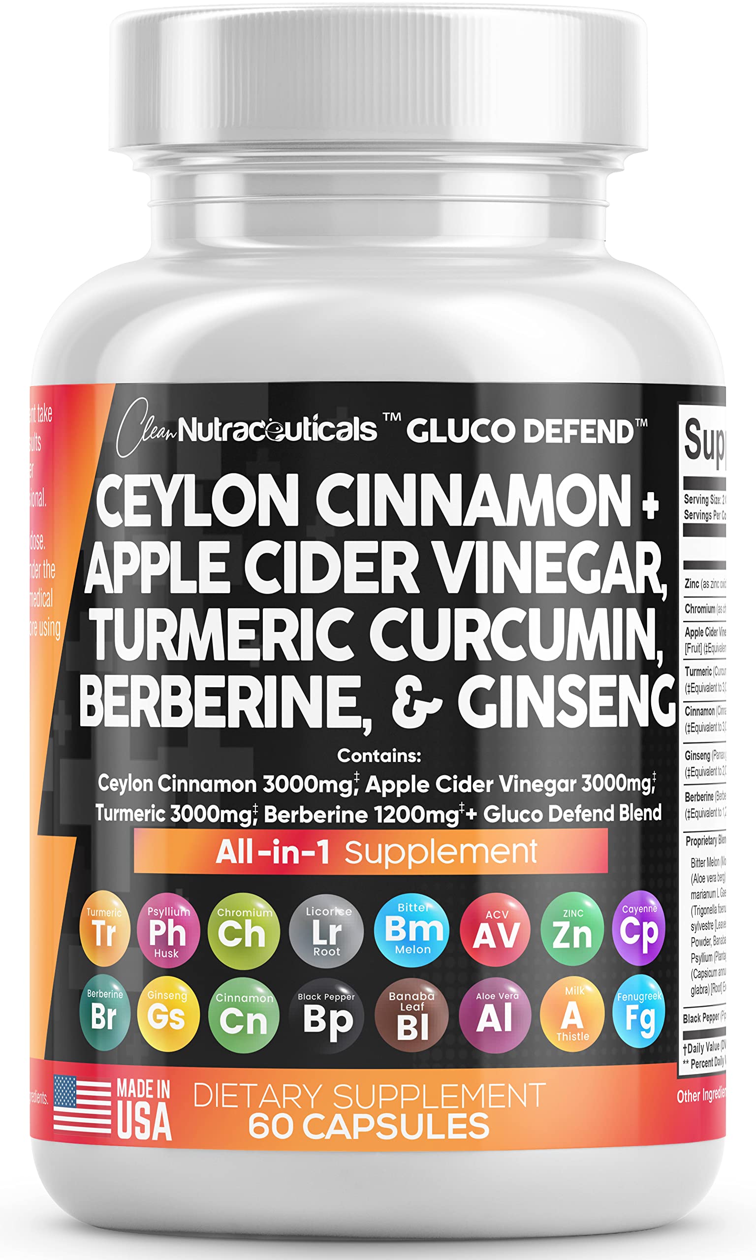 Clean Nutraceuticals Ceylon Cinnamon 3000mg Turmeric 3000mg Apple Cider Vinegar 3000mg Ginseng 2000mg Berberine 1200mg Plus Bitter Melon Gymnema Milk Thistle Fenugreek