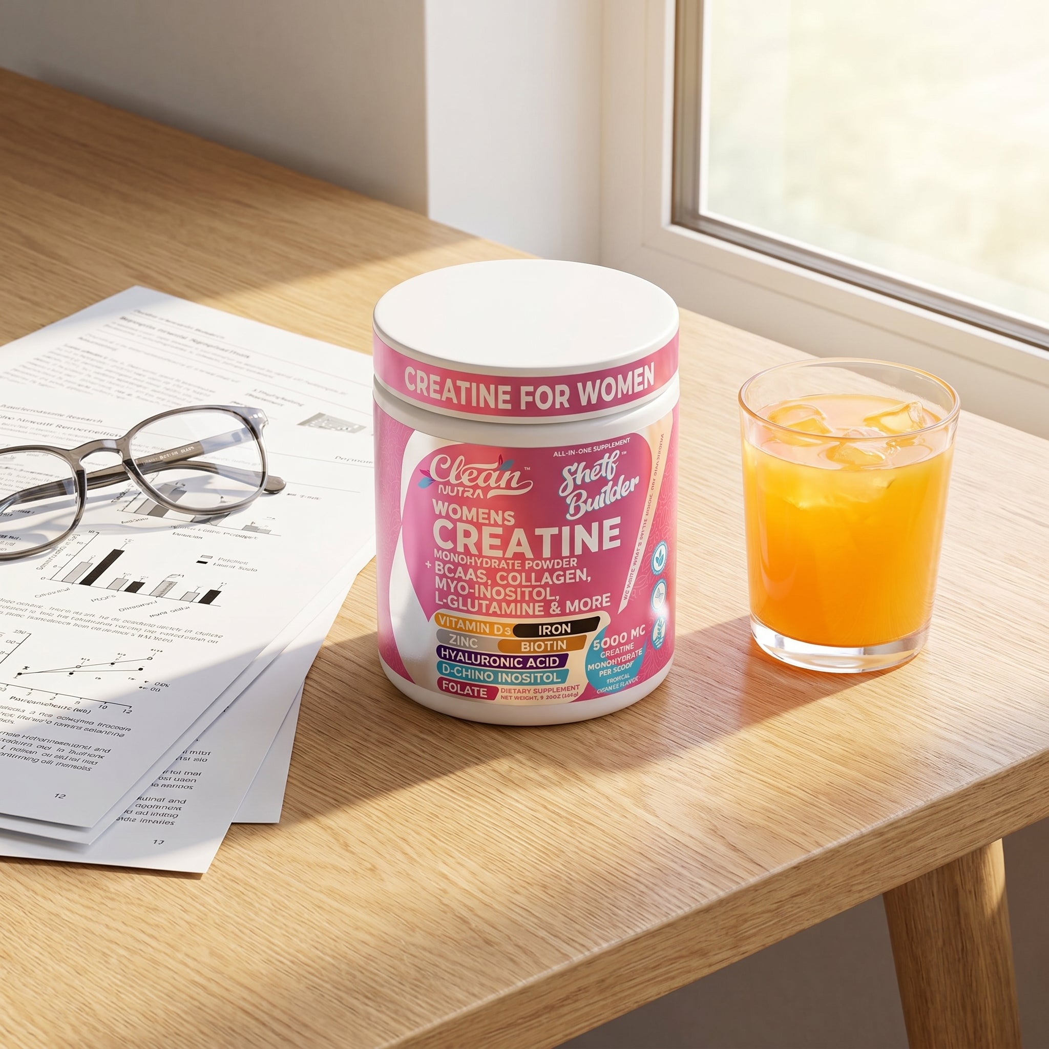Shelf Builder product with research papers and orange drink - clinically backed