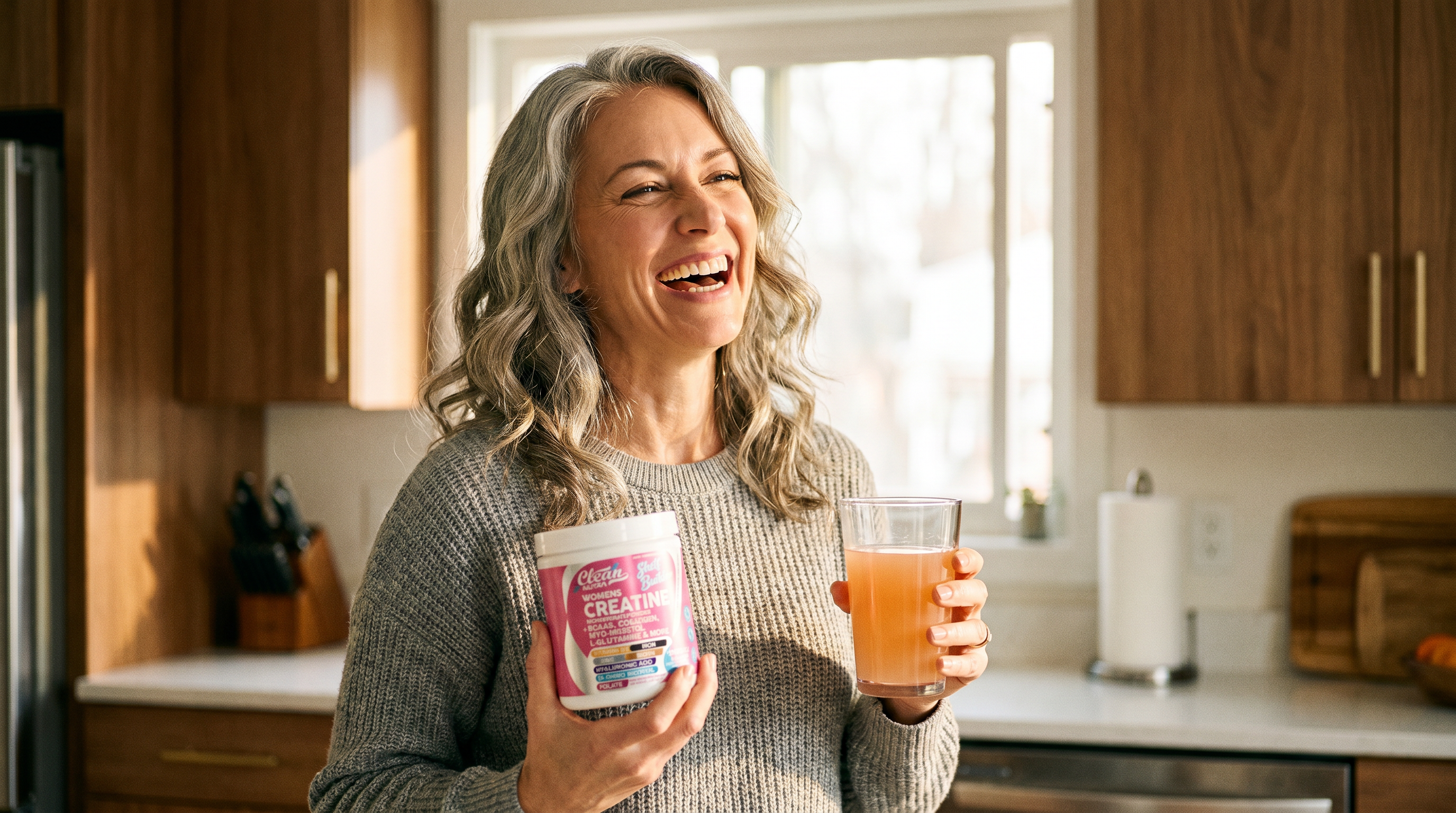 Woman holding Shelf Builder creatine tub in kitchen